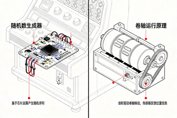 电子游艺机内部机械结构示意图，展示随机数生成器和卷轴运行原理