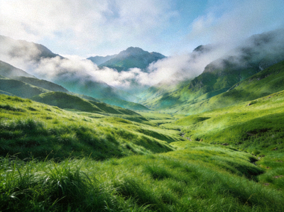 翡翠谷全景，翠绿的草地延伸到远方，远处有雾气缭绕的山脉